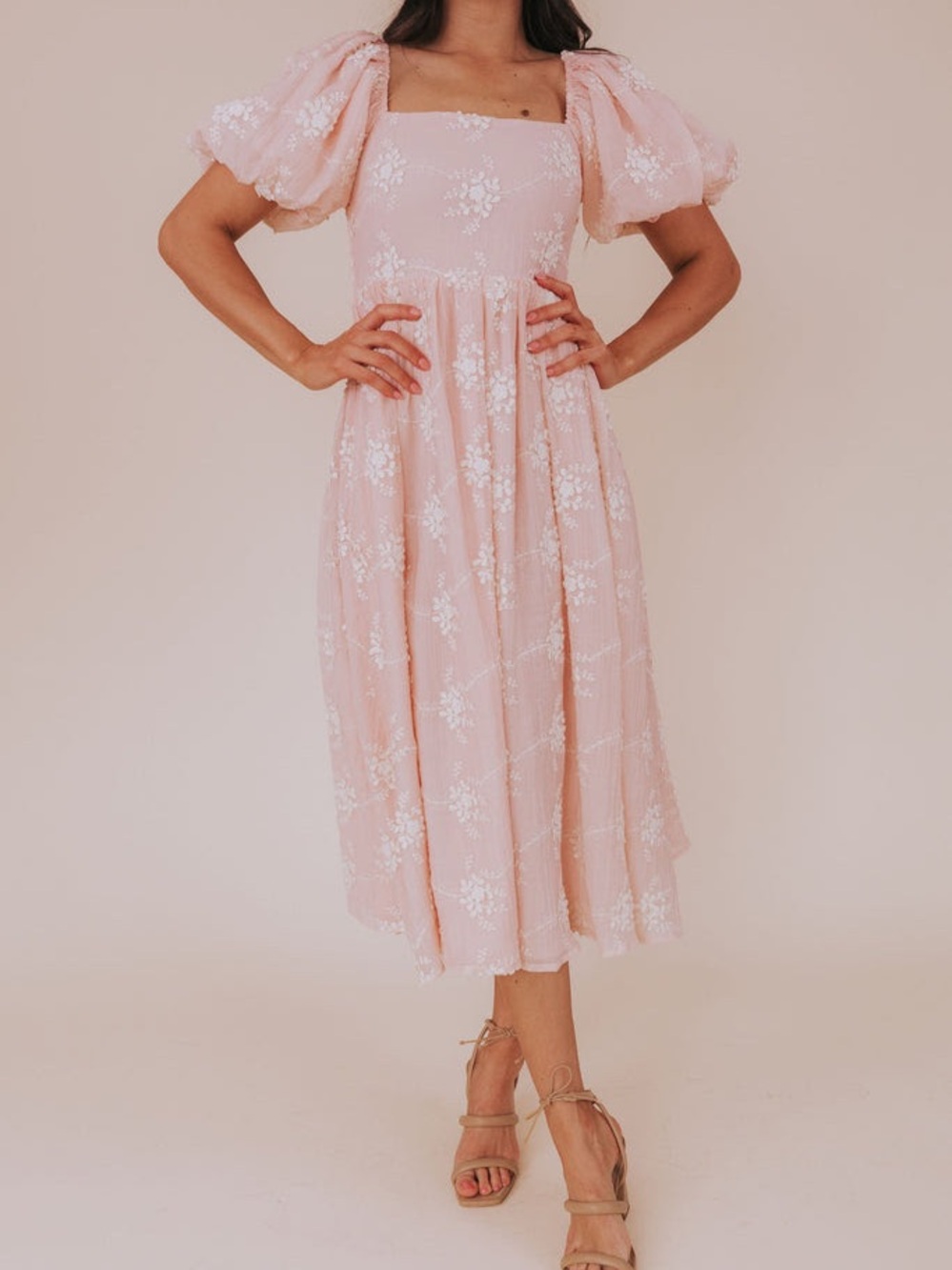 One Loved Babe One Sweet Day Midi Dress -Soft Pink Floral Embroidery Puff Sleeve